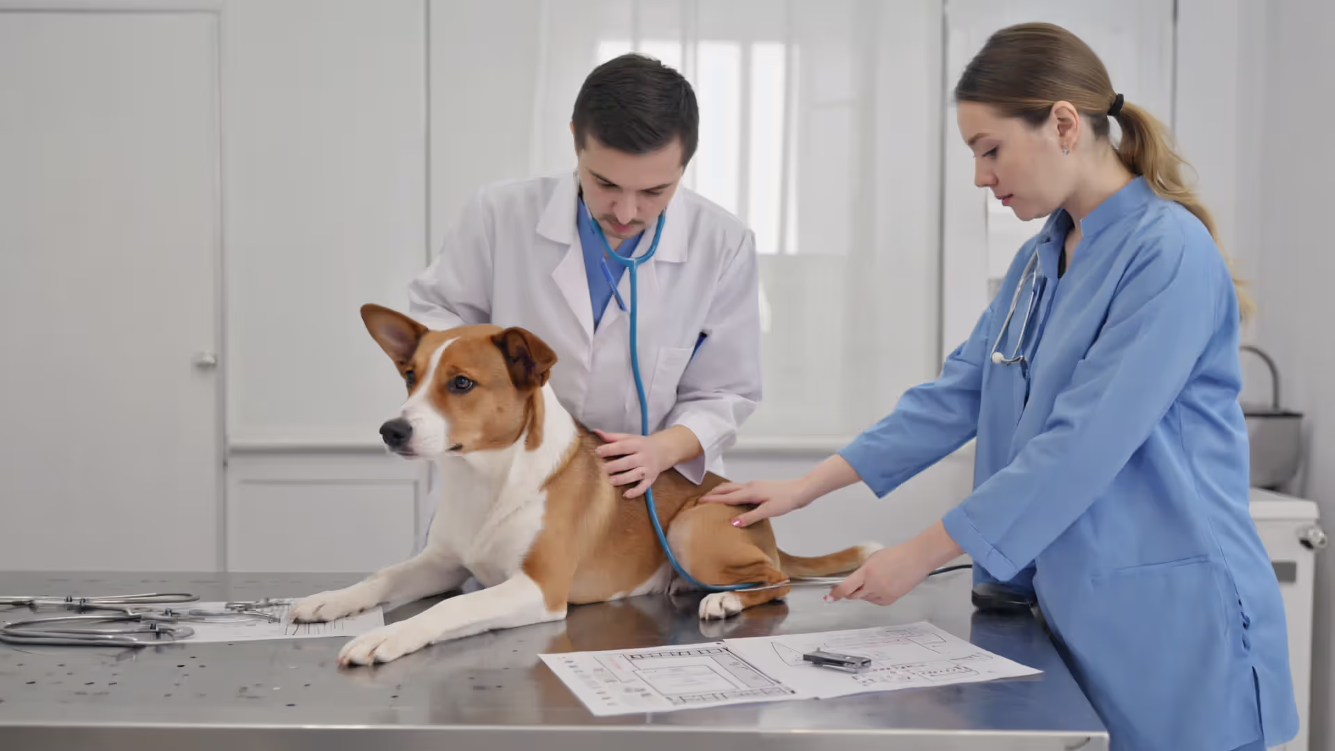 Veterinarian examining a dog on a clinic table during anxiety evaluation