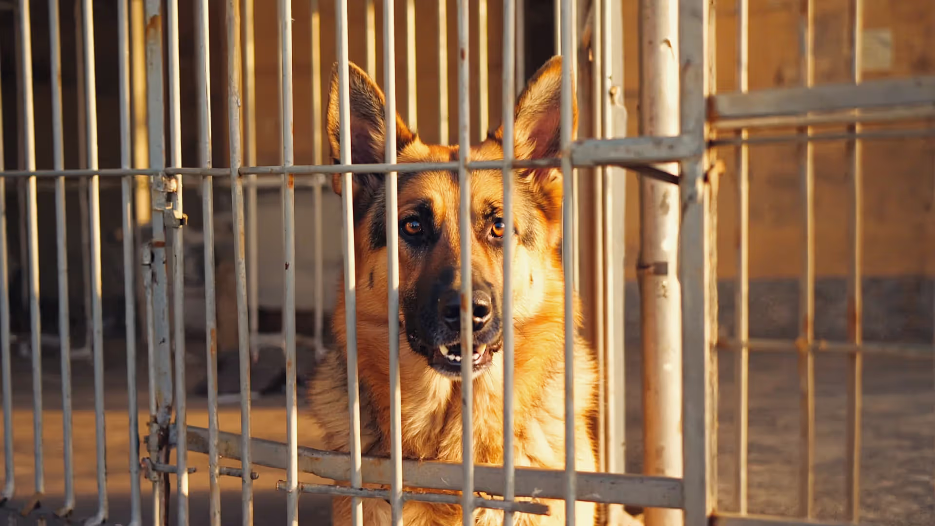 German Shepherd standing in front of damaged metal crate after anxiety episode