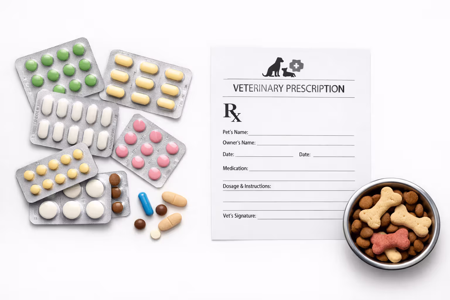 Common prescription anxiety medications for dogs laid out with a veterinary prescription