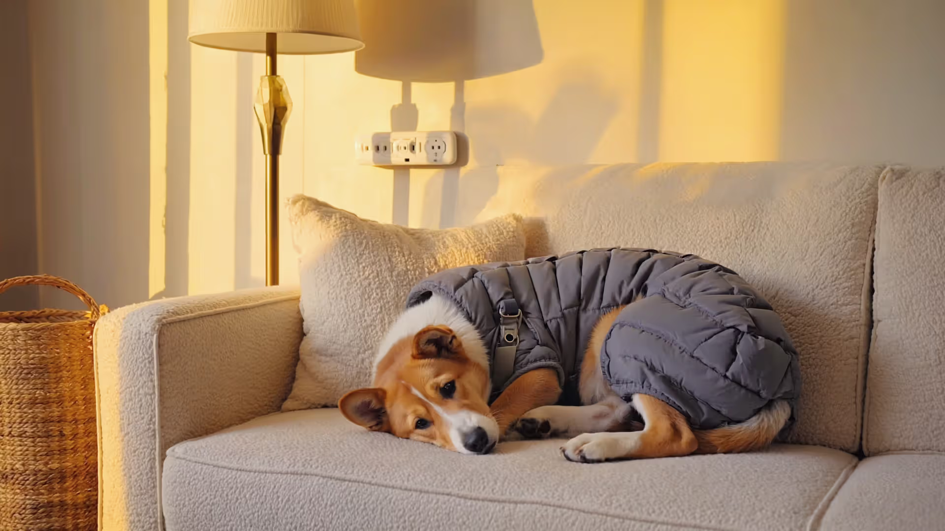 Dog wearing an anxiety wrap lying calmly next to a pheromone diffuser