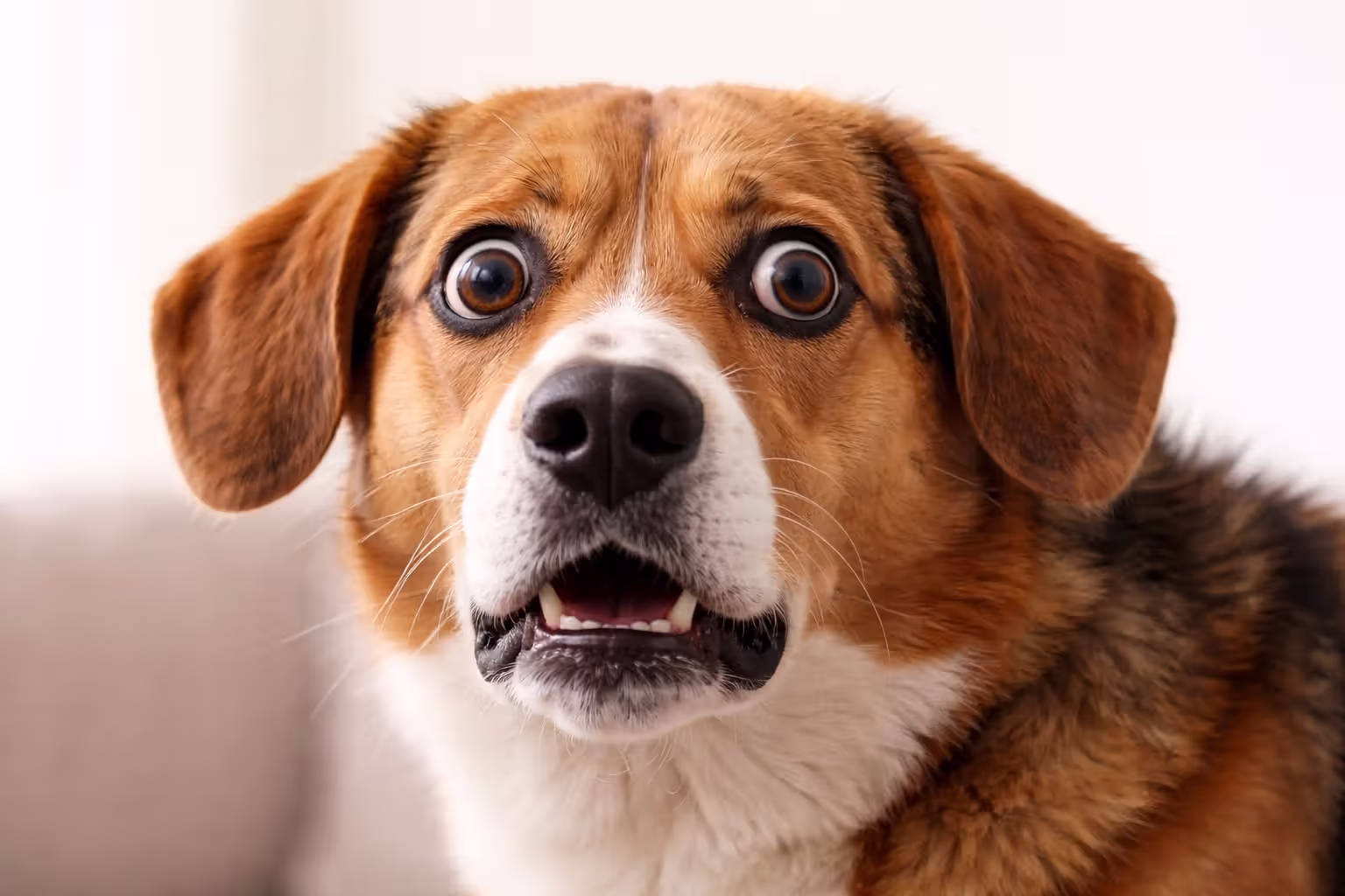 Close-up of anxious dog showing whale eye, flattened ears, and stress signals