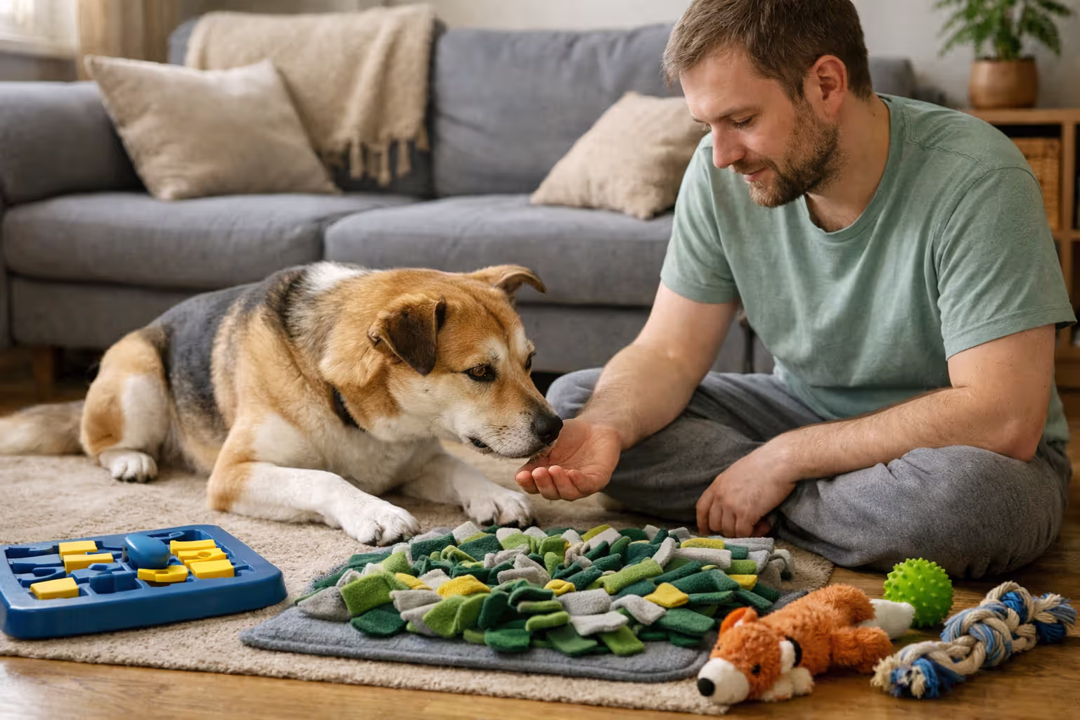 Dog owner sitting calmly on floor near depressed dog, allowing the dog to initiate contact, with enrichment toys nearby