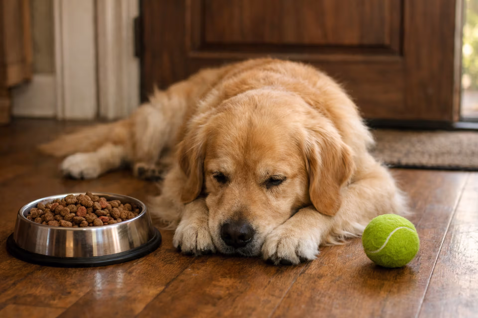 Golden retriever lying on floor near front door, looking sad, with untouched food bowl nearby