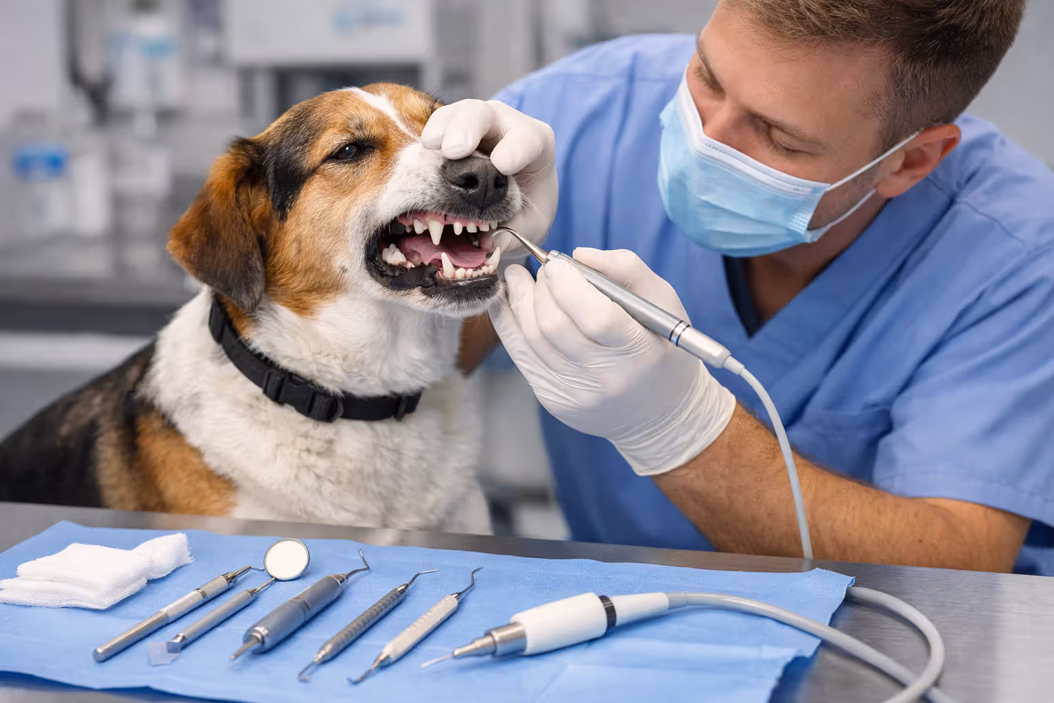 Veterinarian examining a dog’s teeth during a dental checkup