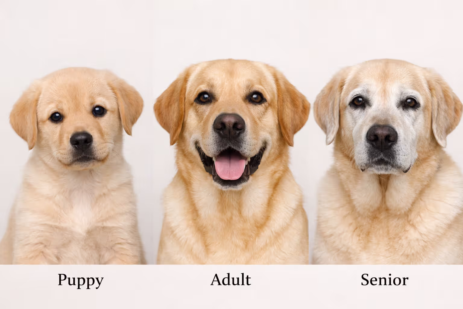 Three dogs of different ages — puppy, adult, and senior — side by side