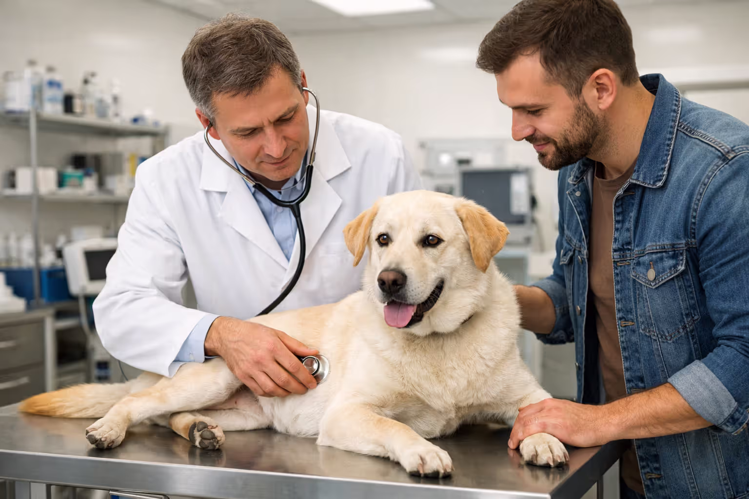 Veterinarian examining a dog on a clinic table with owner standing nearby