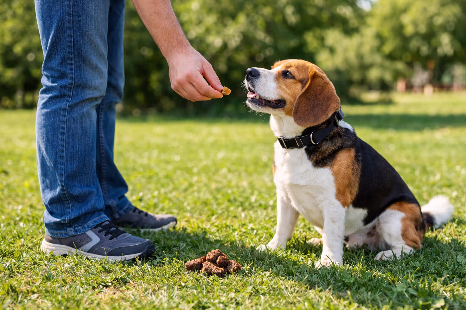 Owner rewarding dog with treat immediately after it eliminates outside on grass