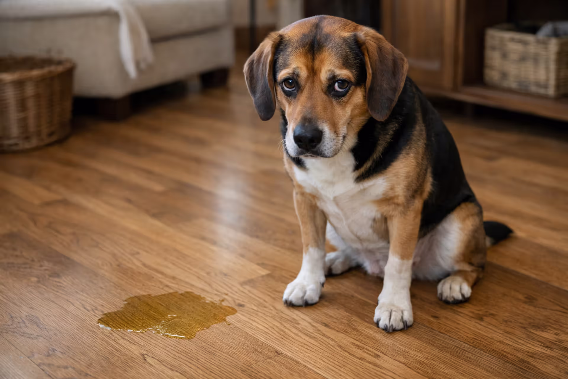 Dog sitting on floor inside house looking guilty next to an accident spot