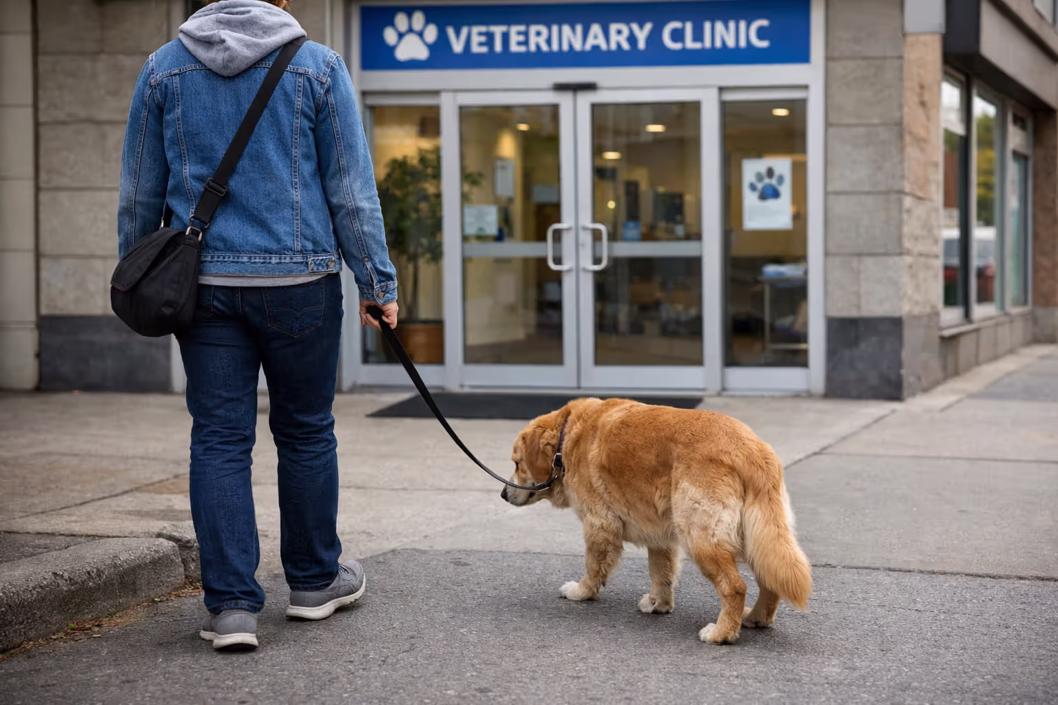 Dog owner bringing a lethargic dog to a veterinary clinic