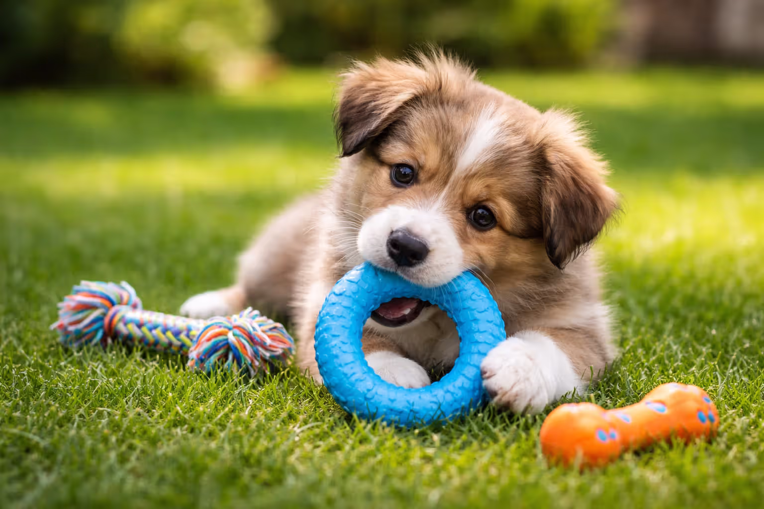Puppy chewing a rubber teething toy on grass in a backyard