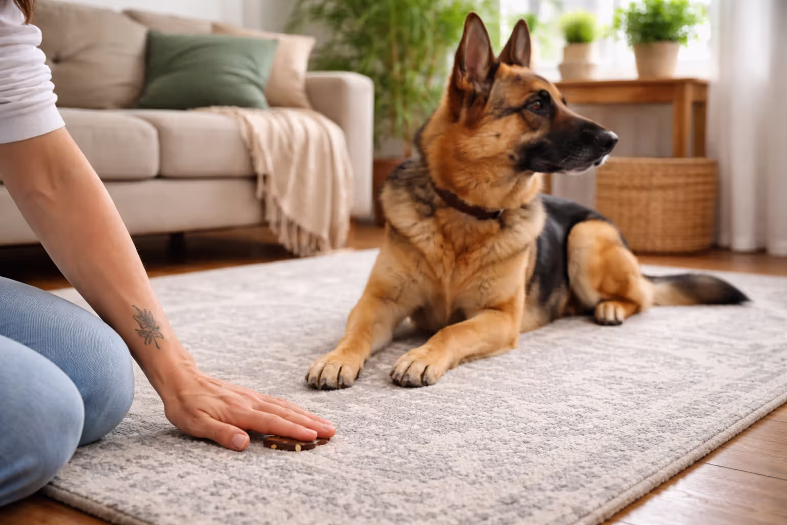 Owner training dog with leave it command, dog looking away from treat