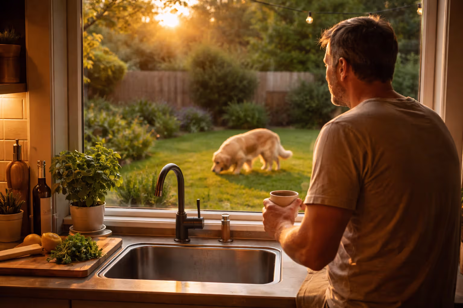Dog owner watching their dog calmly sniffing grass in the backyard through a kitchen window