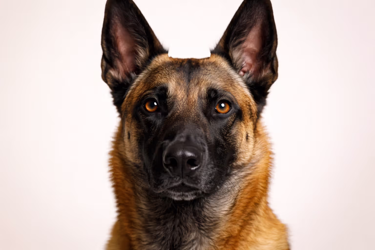 Close-up of Belgian Malinois face showing black mask and alert ears