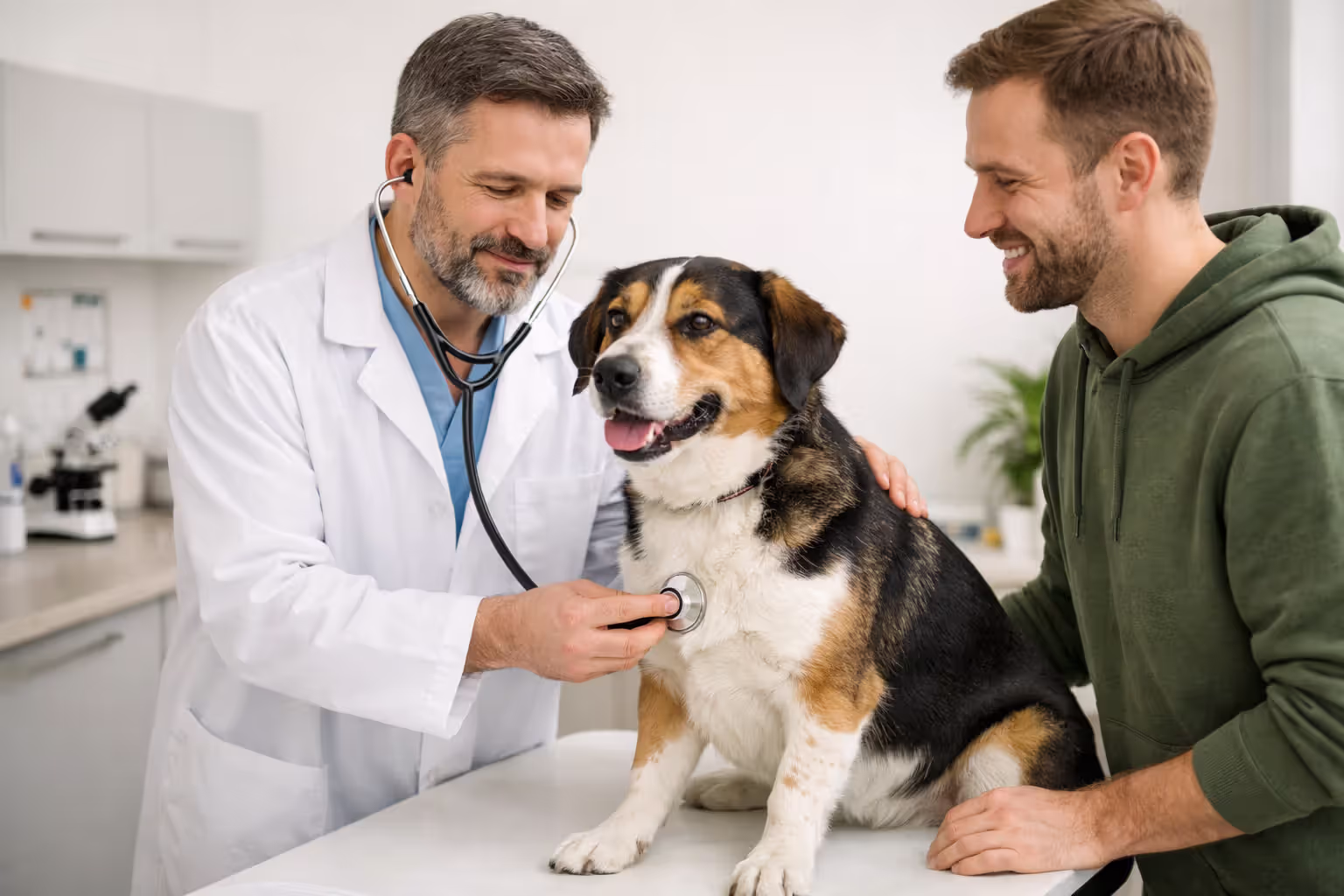 Veterinarian examining a dog at a clinic