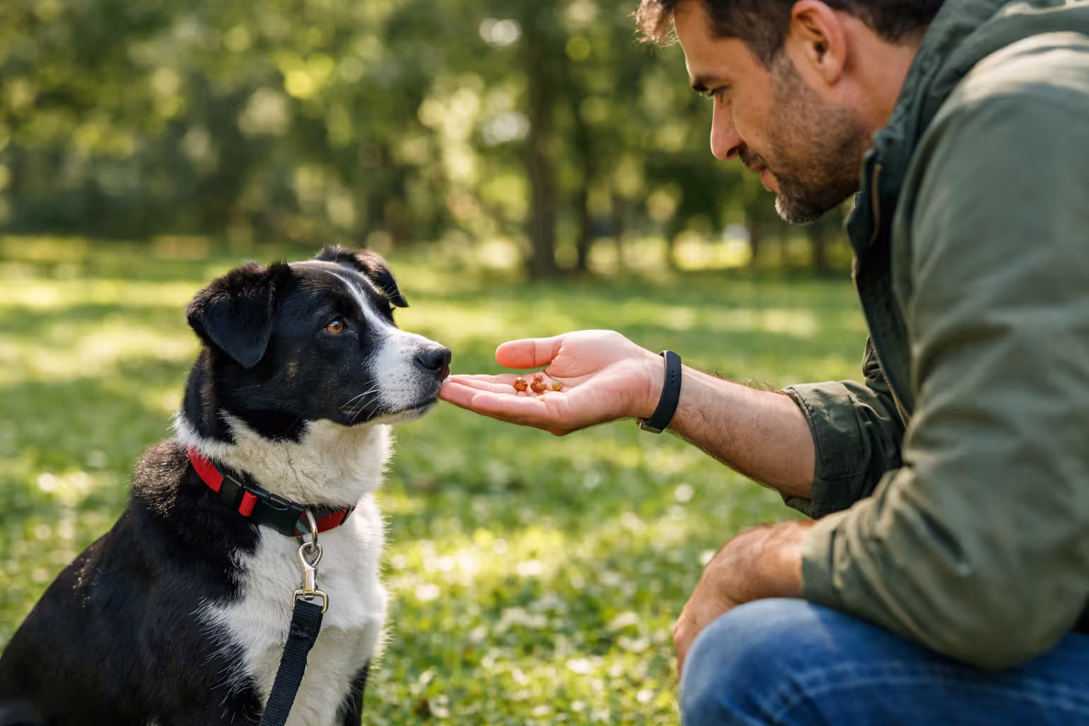 Dog training with owner practicing leave it command