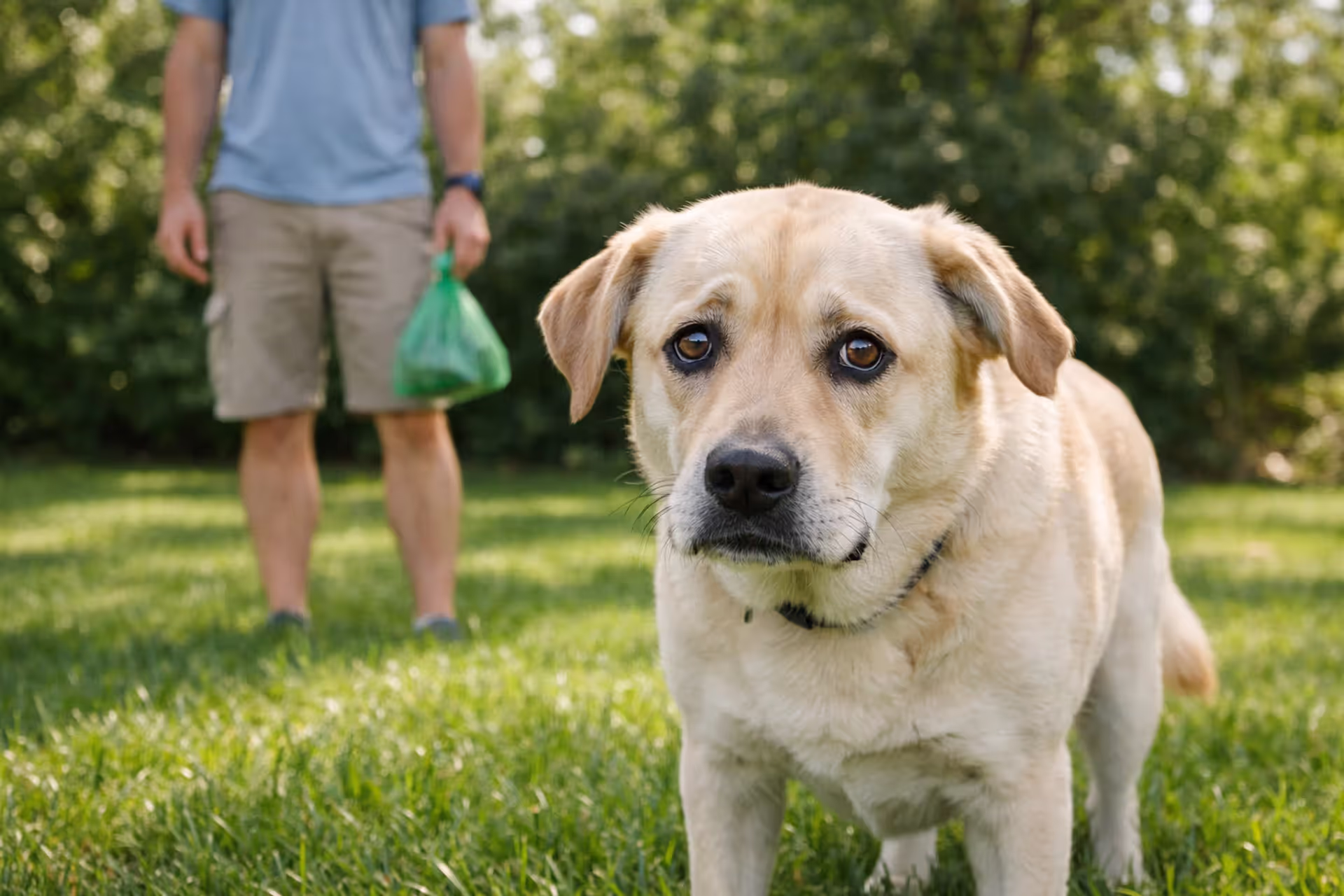 Dog looking guilty in backyard while owner holds waste bag