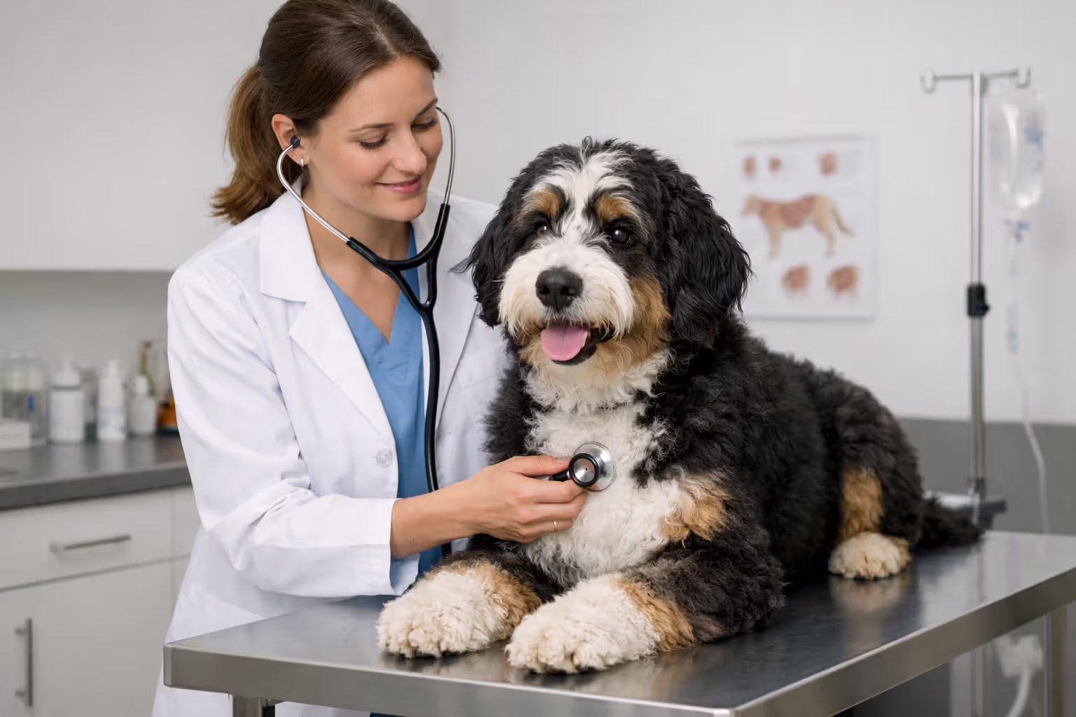 Veterinarian examining a Bernedoodle during a health checkup