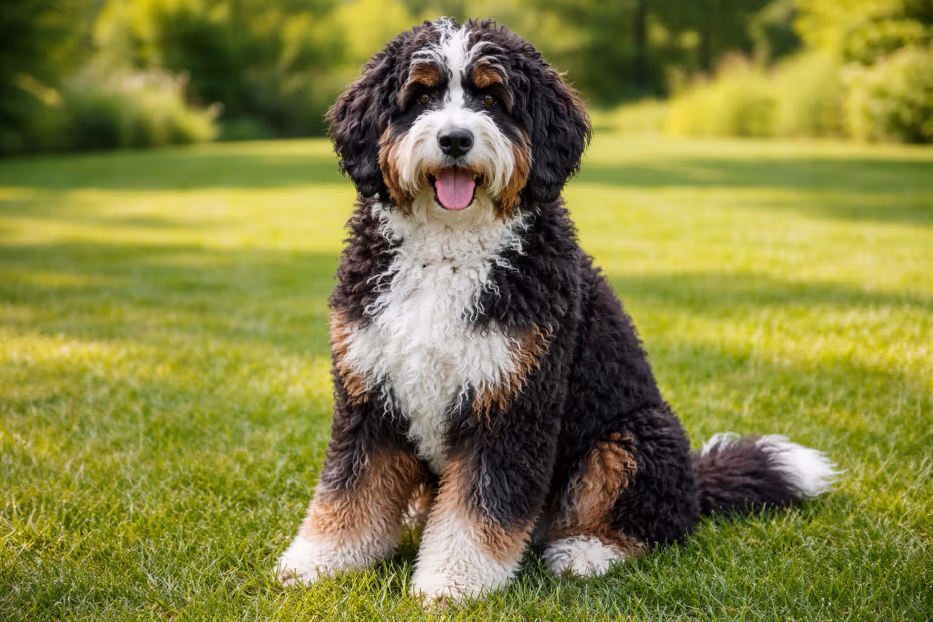 Adult tricolor Bernedoodle sitting on green grass in sunlight