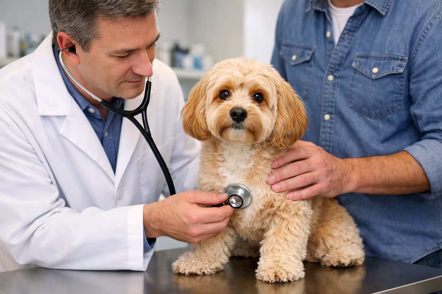 Veterinarian using stethoscope to examine Cavapoo heart during annual checkup