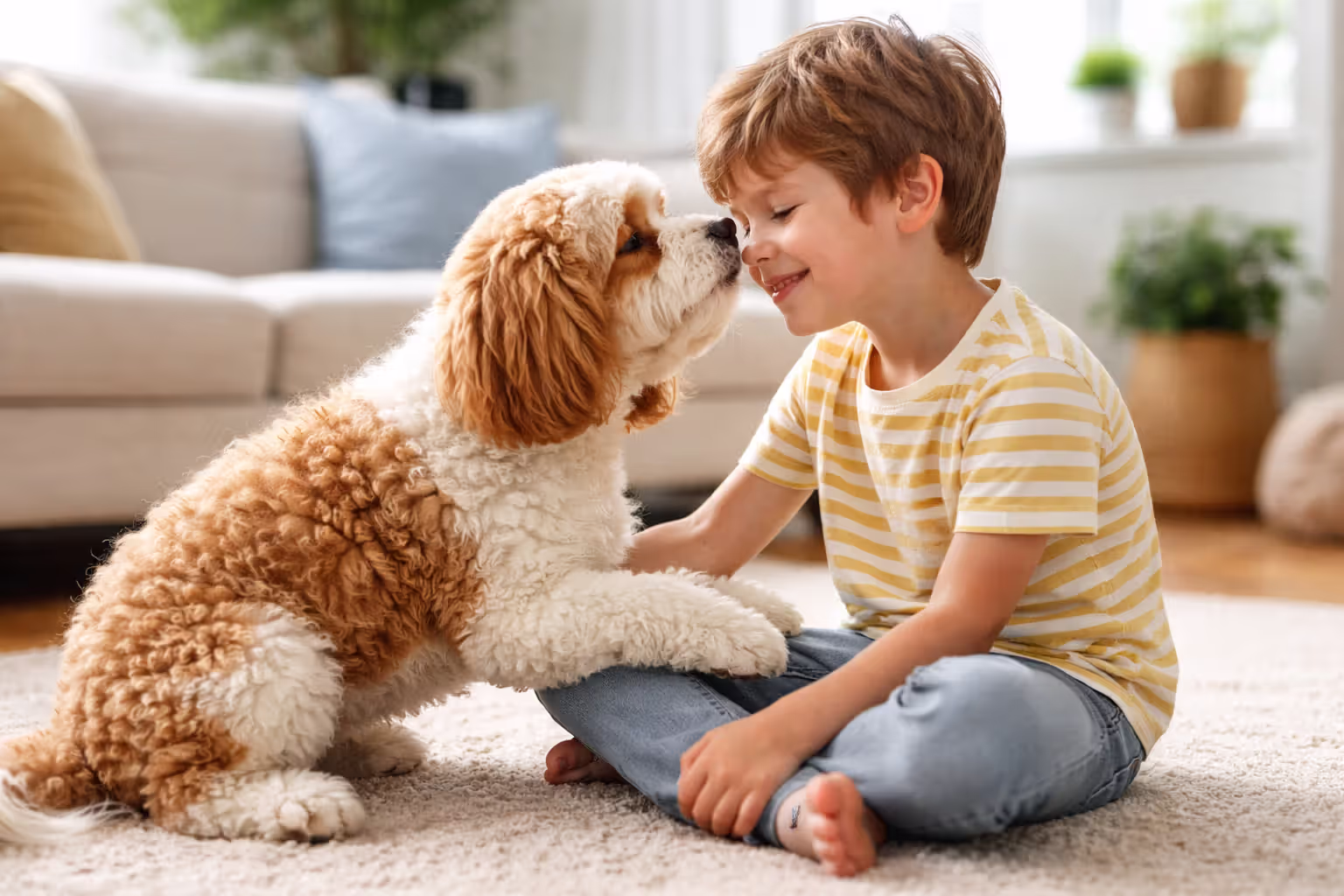 Young child playing with Cavapoo on living room floor