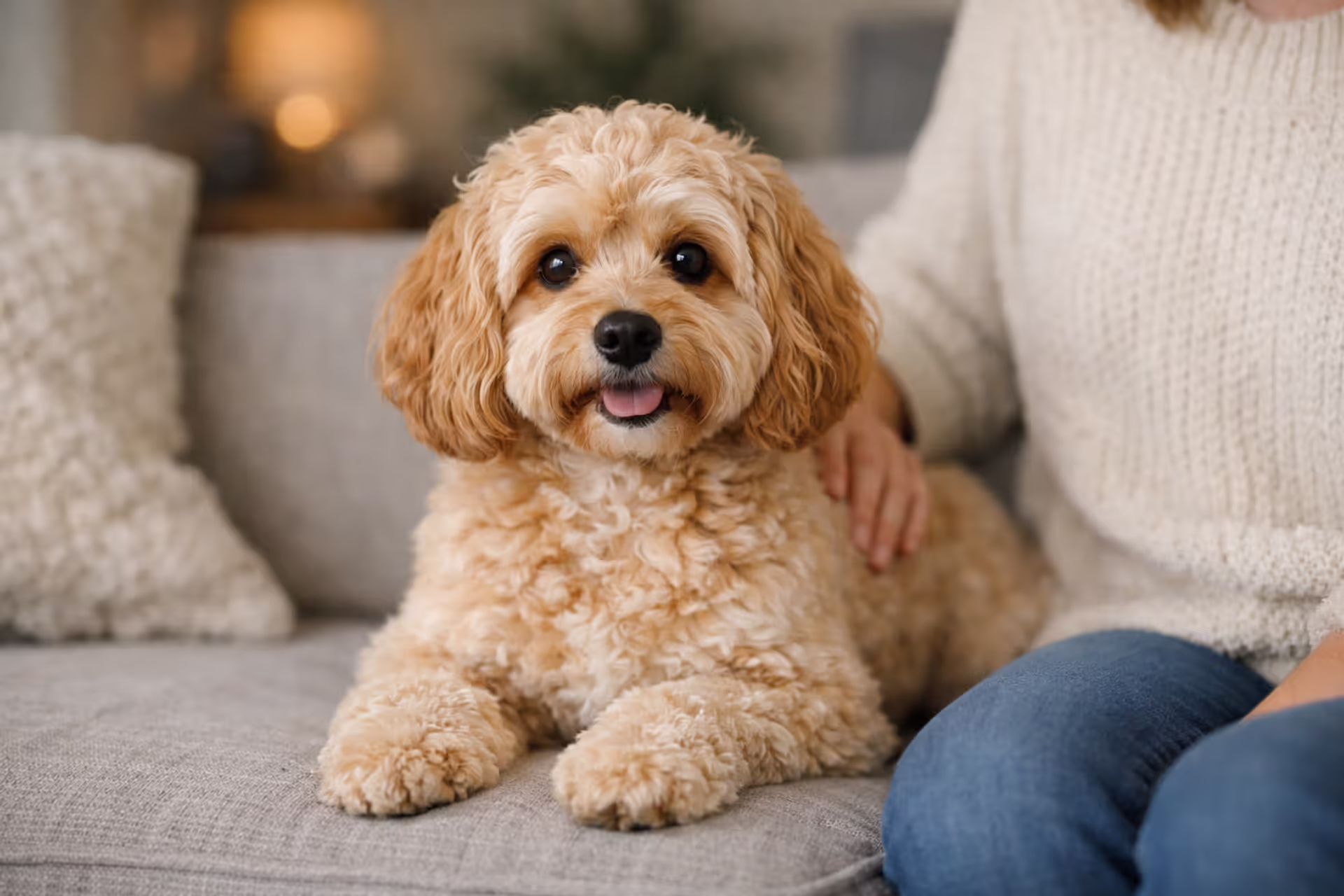 Cavapoo with wavy apricot coat sitting on sofa next to owner