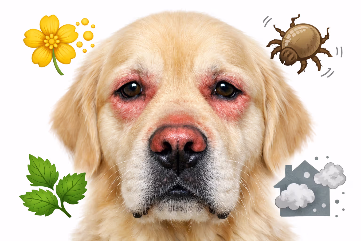 Dog face showing signs of environmental allergies with allergen icons