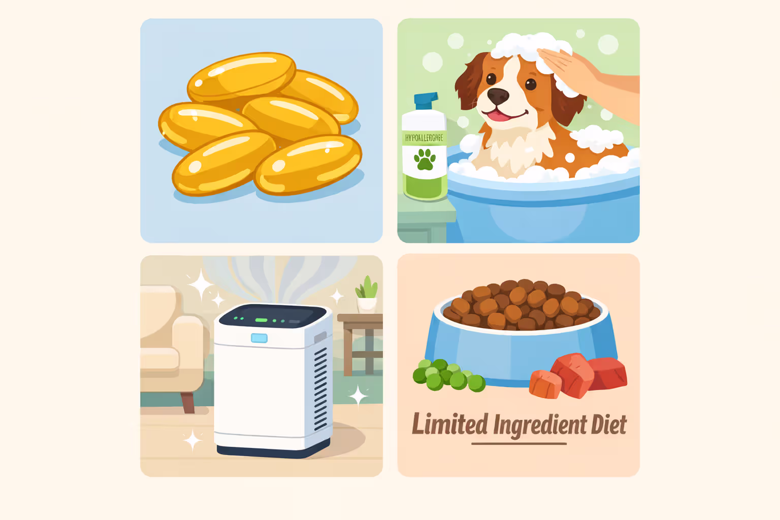 Four natural allergy management options for dogs: fish oil, bathing, air filter, diet