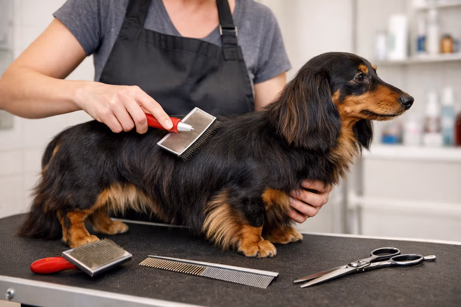 Professional groomer brushing a long-haired dachshund on a grooming table