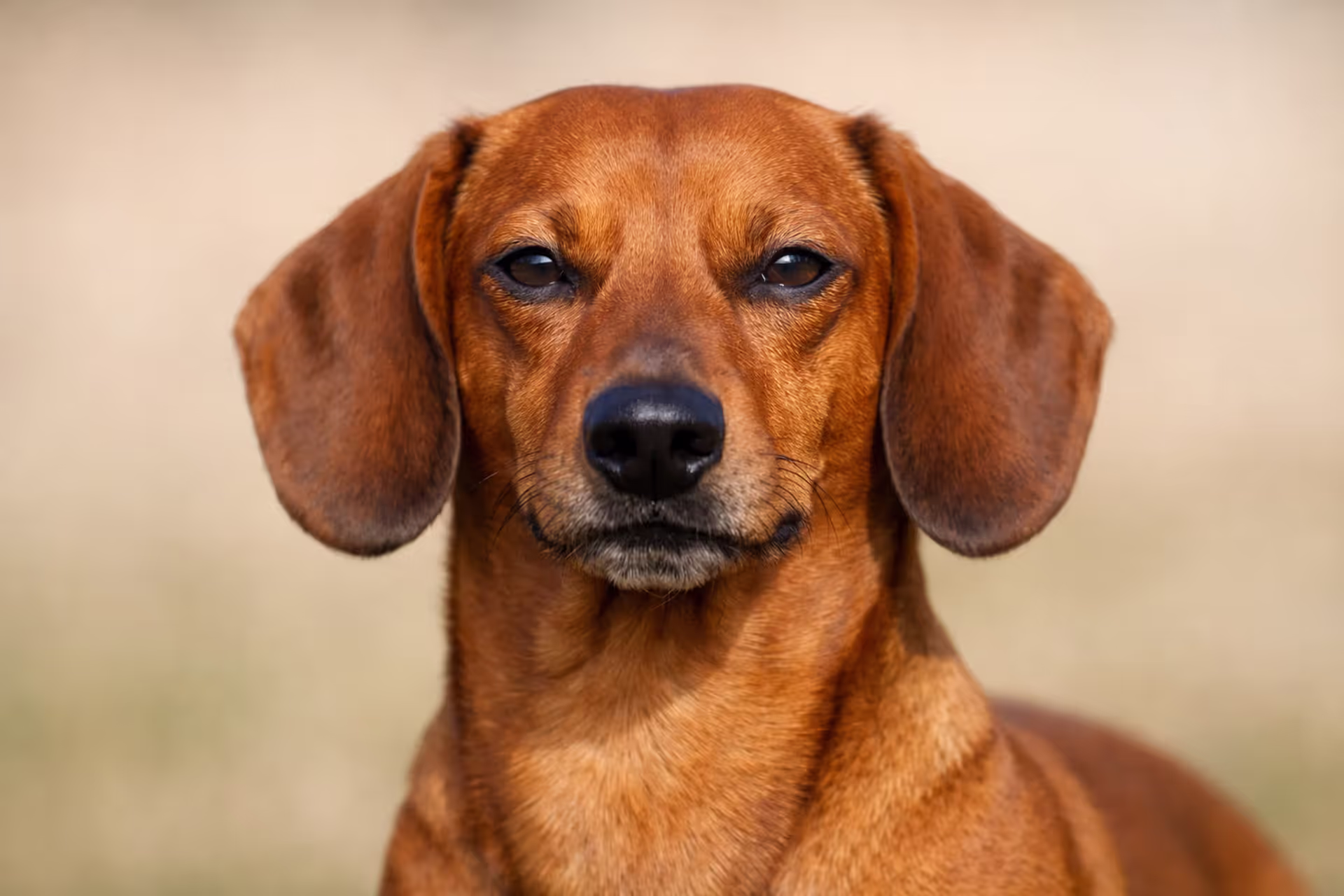 Red smooth-haired dachshund portrait looking directly at camera