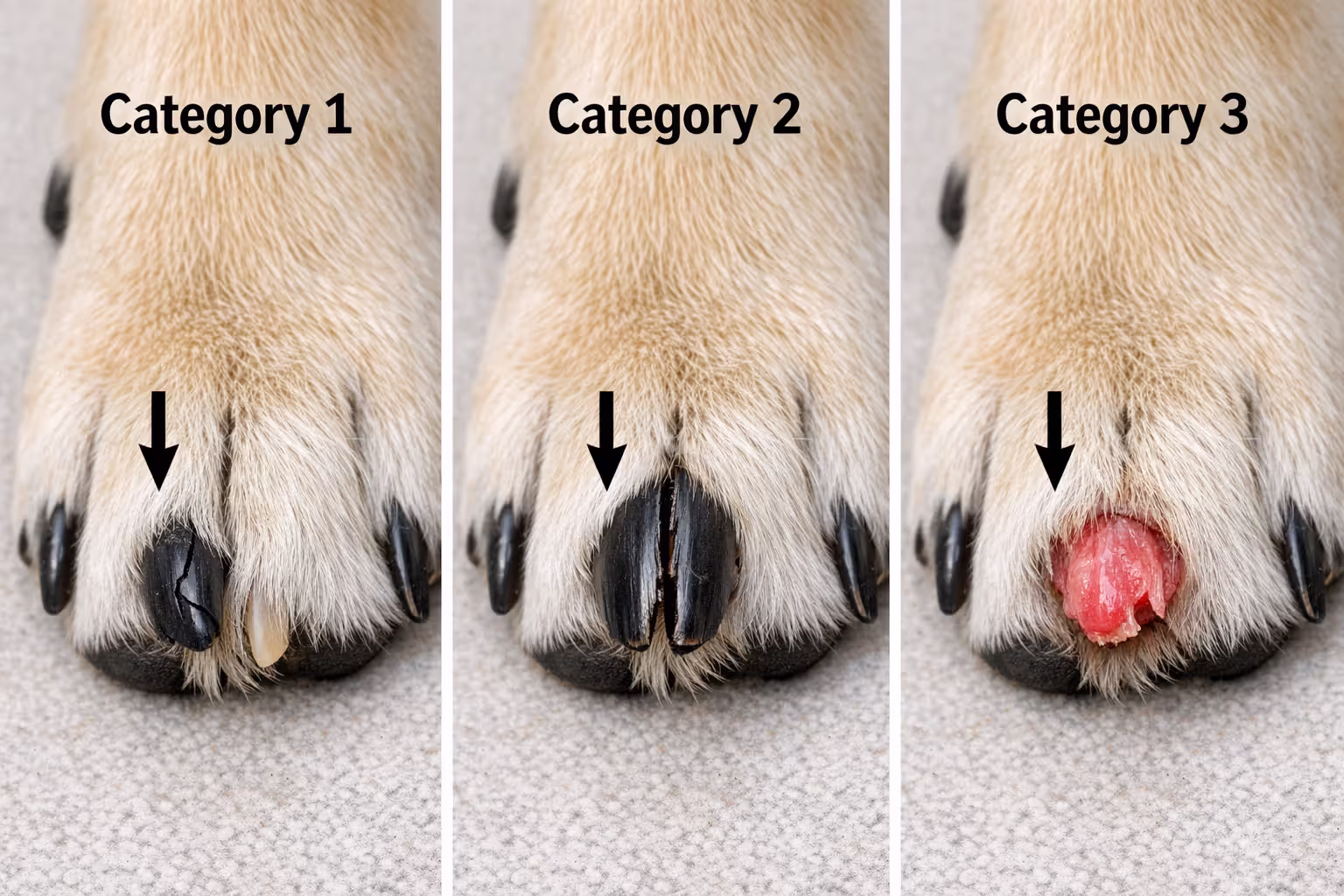 Three stages of dog nail injury severity from minor crack to complete avulsion