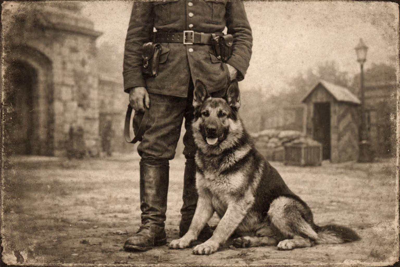 Historical-style image of a German Shepherd with a military handler, early 20th century