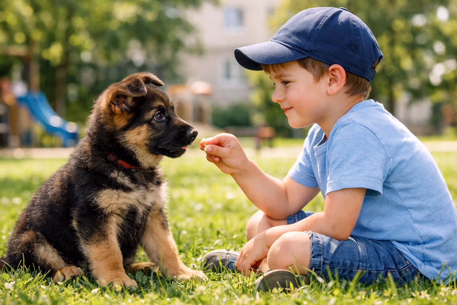 German Shepherd puppy receiving a treat from a child during socialization training outdoors