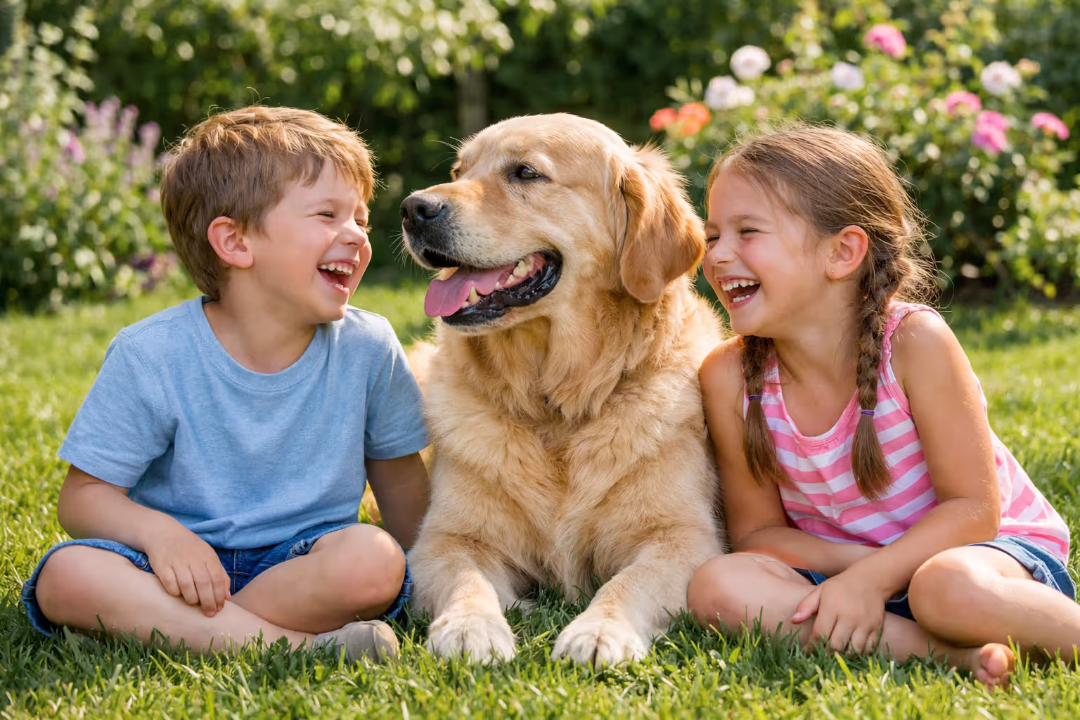 Golden retriever sitting with two laughing children in a sunny backyard