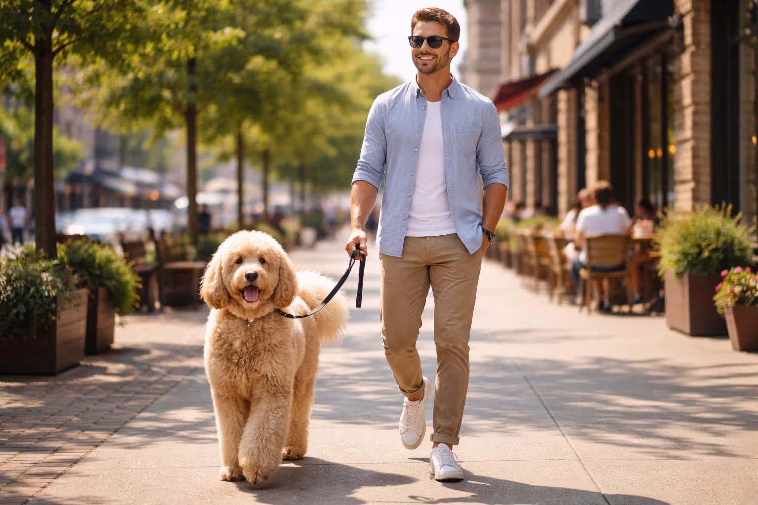 Person walking a large golden Goldendoodle on a leash on a city sidewalk