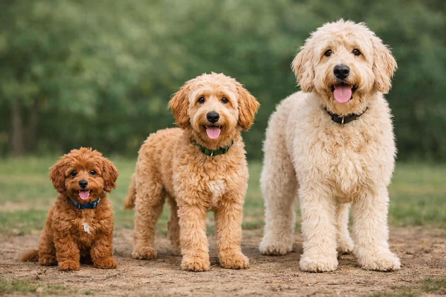 Three doodle dogs of different sizes — toy, miniature, and standard — shown side by side
