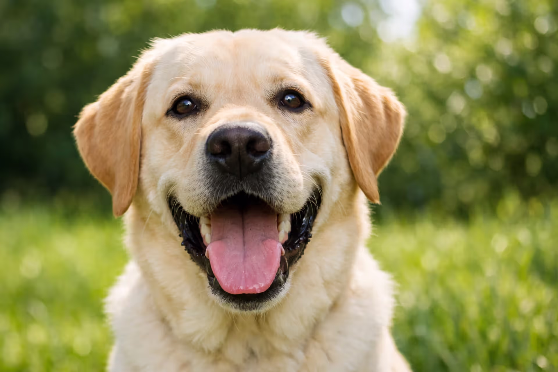 Yellow Labrador Retriever outdoors with happy expression