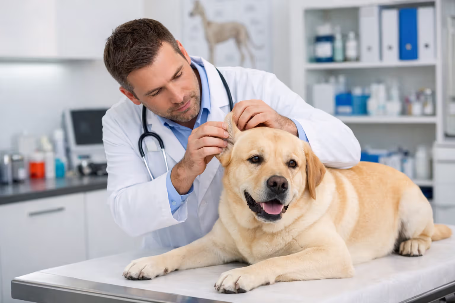 Veterinarian examining a Labrador Retriever during a health checkup