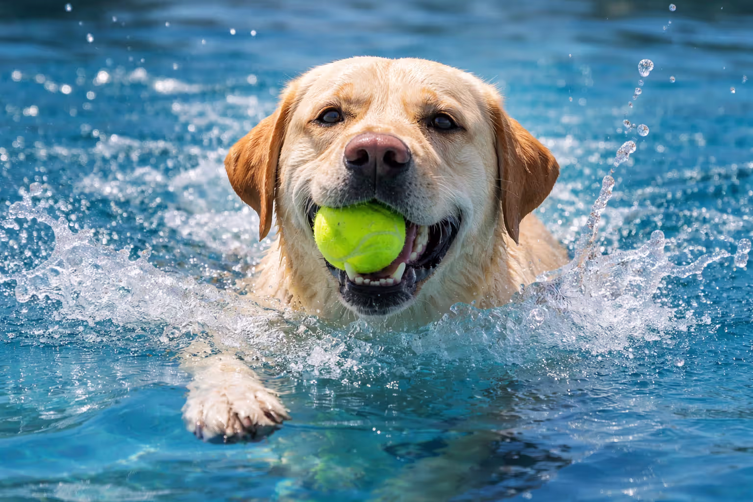 Labrador Retriever swimming and retrieving a ball in open water