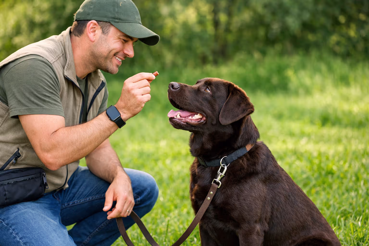 Owner training a Labrador Retriever with positive reinforcement outdoors