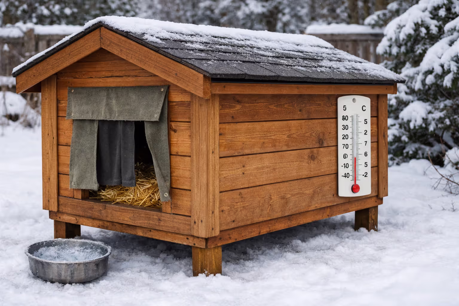 An insulated wooden dog house elevated off the ground with a canvas door flap, straw bedding inside, and a frozen water bowl nearby in a snowy yard