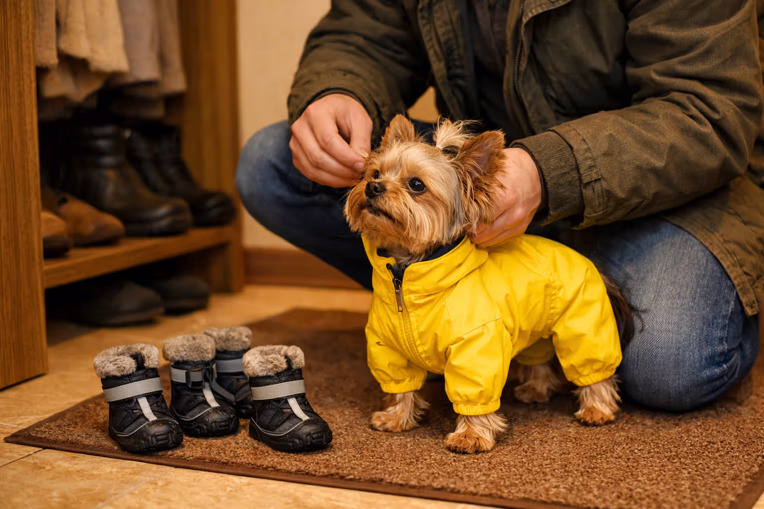 A dog owner putting a yellow waterproof winter coat on a small dog indoors before a cold weather walk, with dog boots on the floor nearby