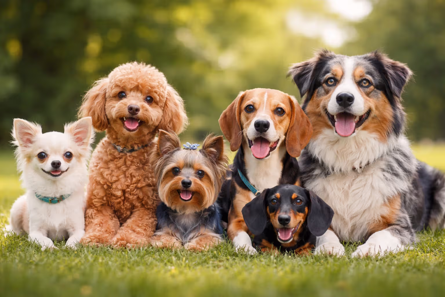 Popular long-lived dog breeds sitting together outdoors