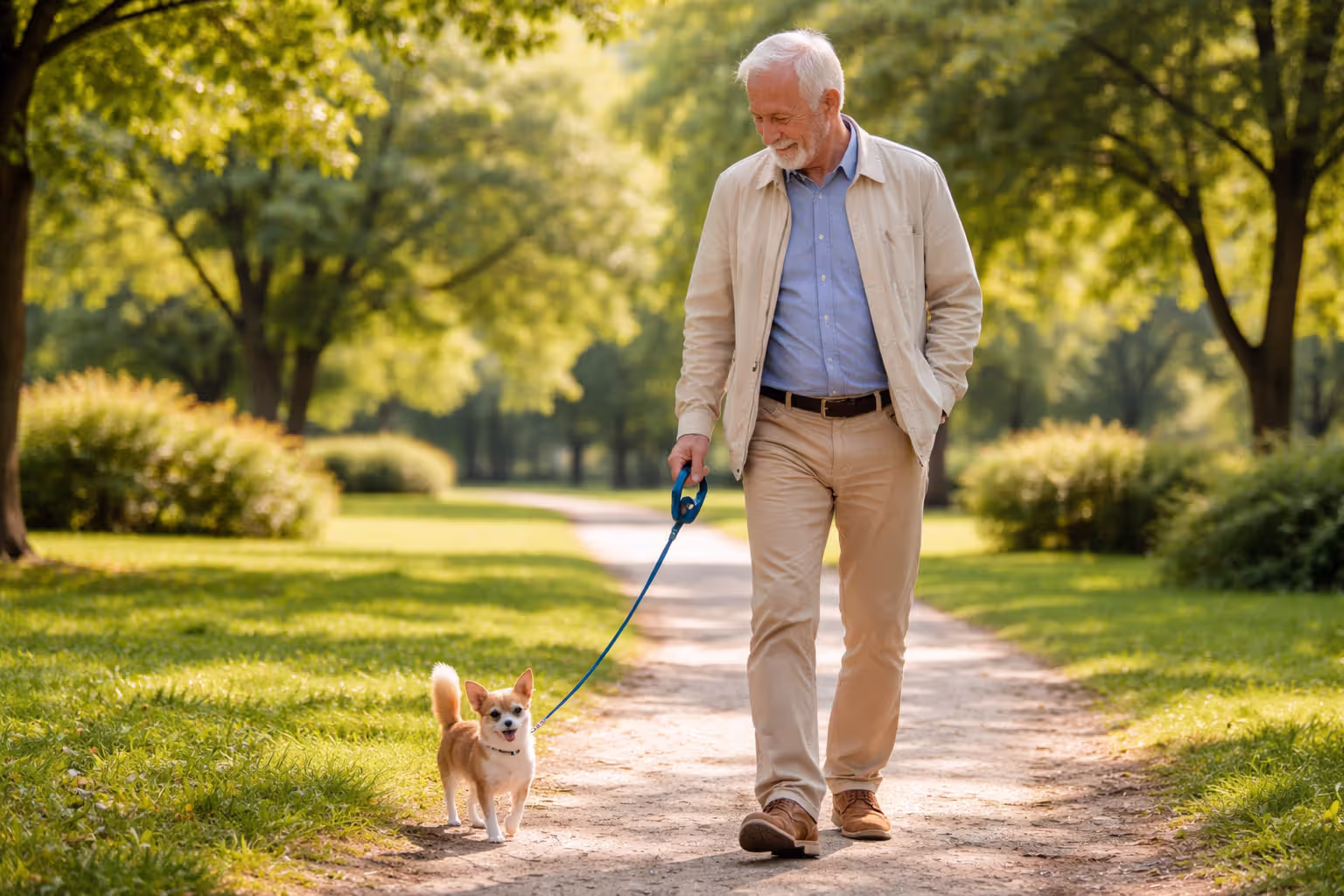 Elderly person walking a small dog in a sunny park