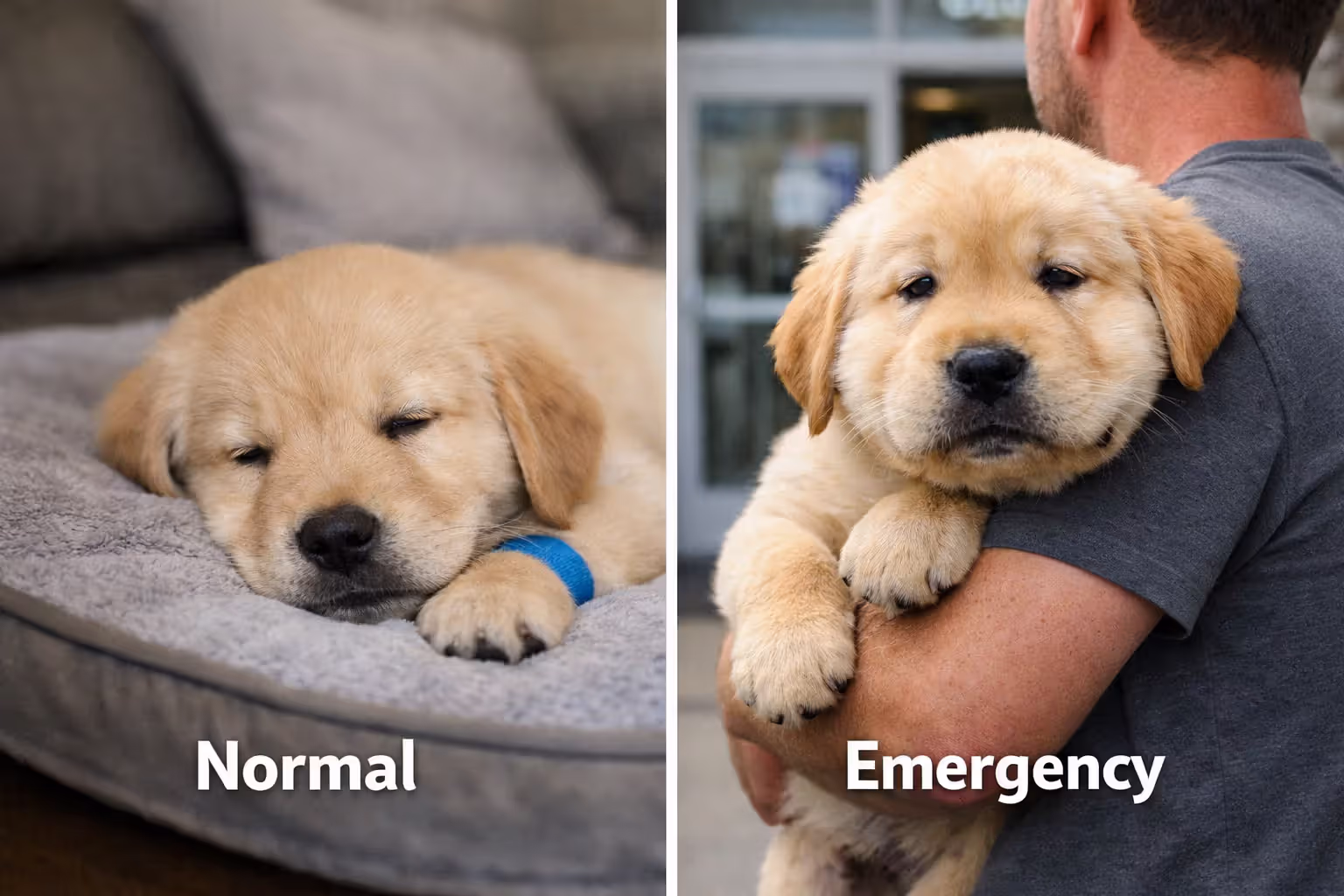 Split image showing normal post-vaccination puppy behavior versus signs of allergic reaction requiring emergency care