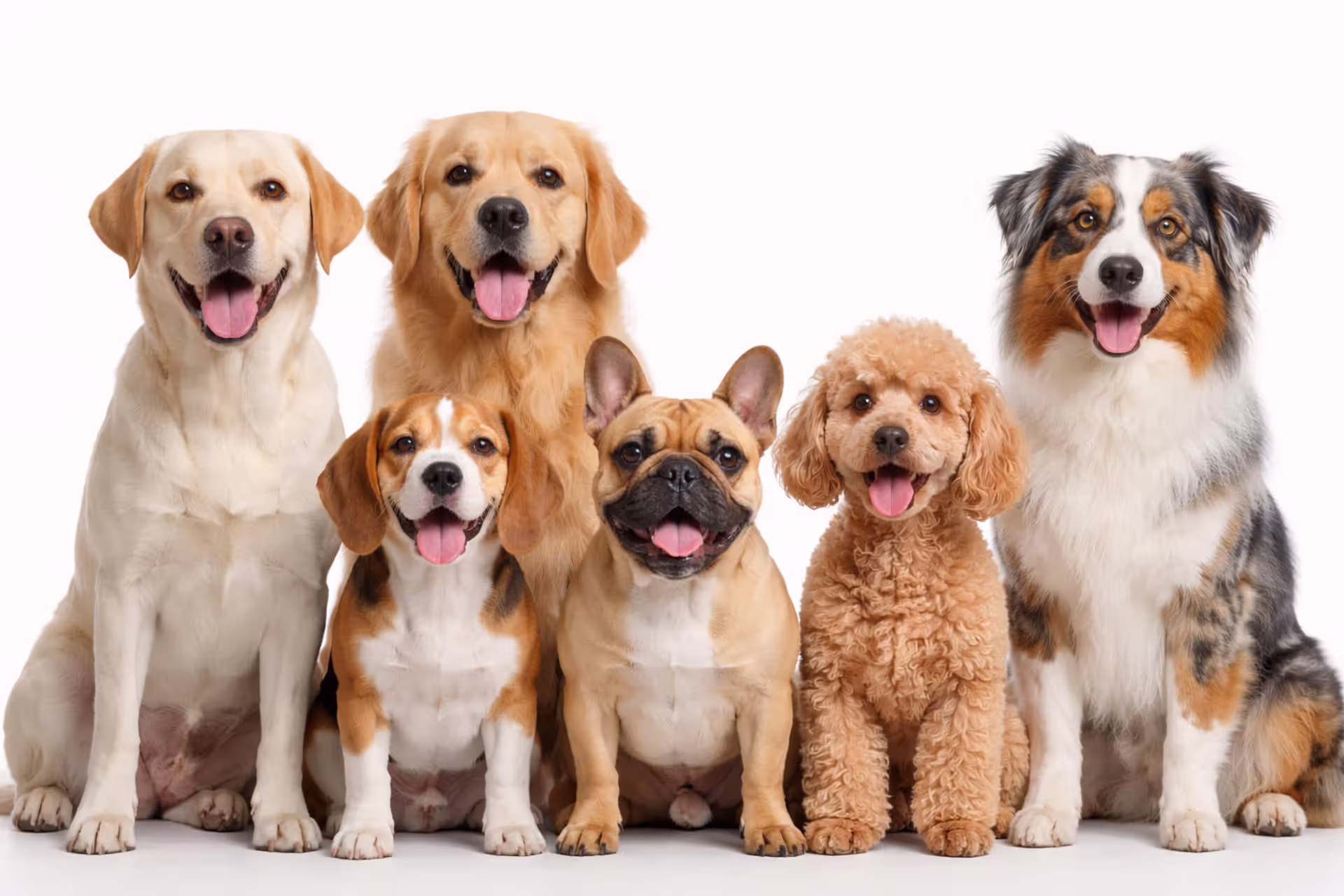 Six popular dog breeds side by side on white background — Labrador, Golden Retriever, French Bulldog, Beagle, Poodle, Australian Shepherd