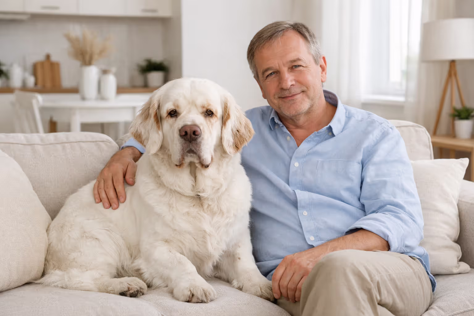 A Clumber Spaniel sitting calmly next to its owner on a sofa in a small apartment