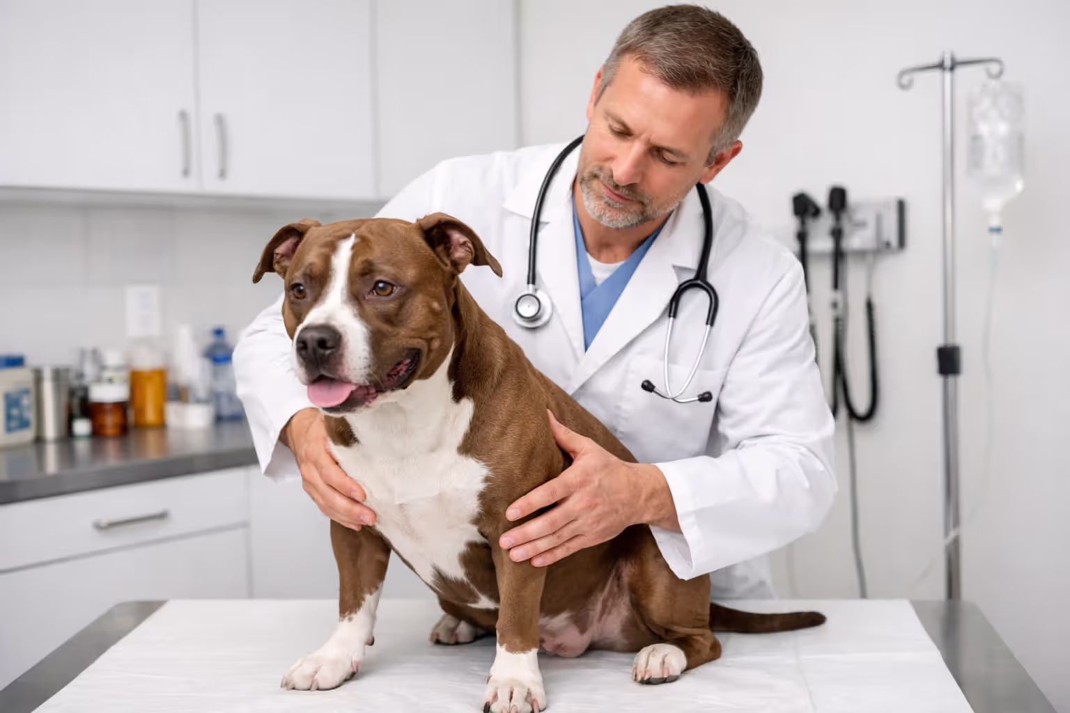 Veterinarian performing a routine health examination on a pit bull terrier at a clinic