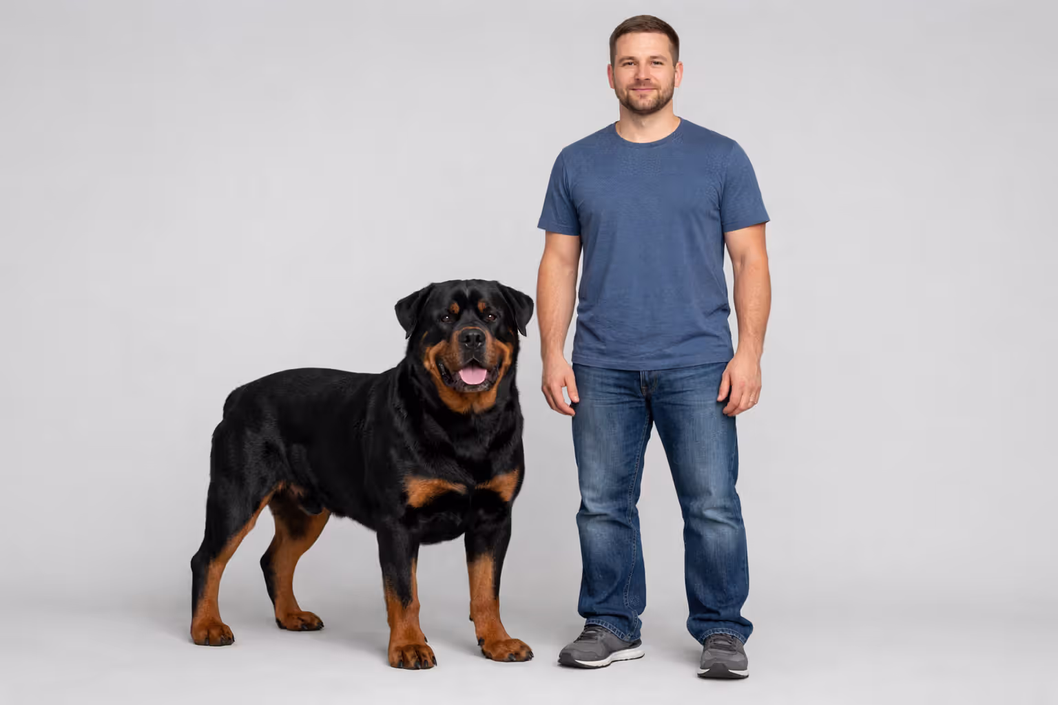 Rottweiler size comparison standing next to adult human showing breed proportions