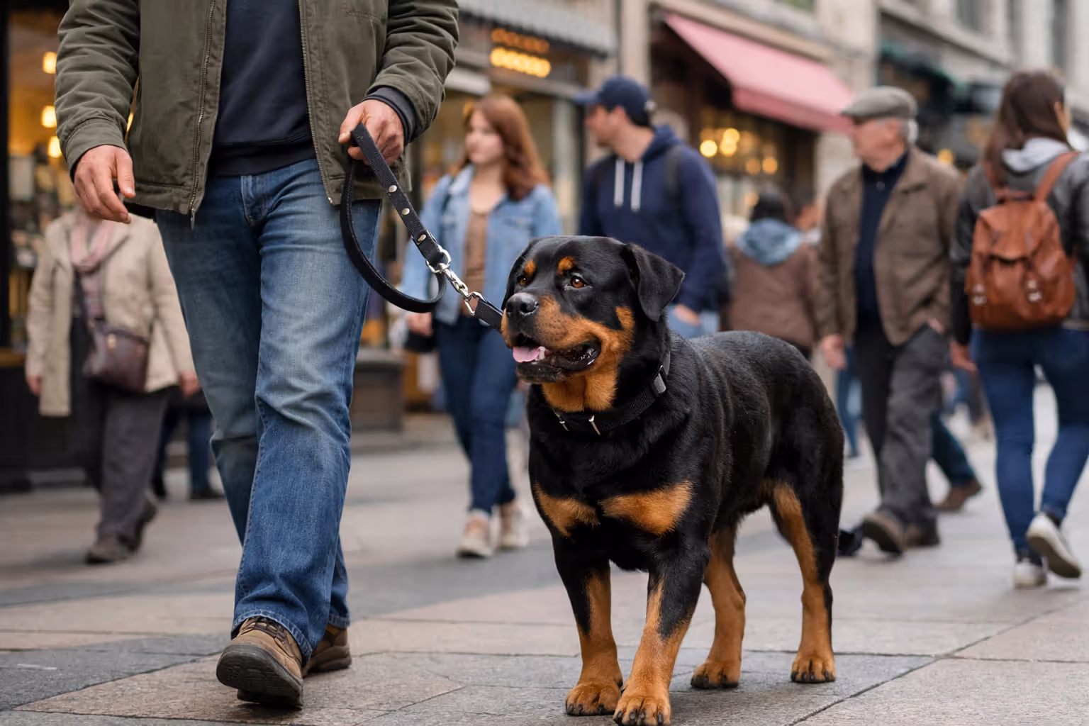 Rottweiler on leash during urban socialization walk with owner
