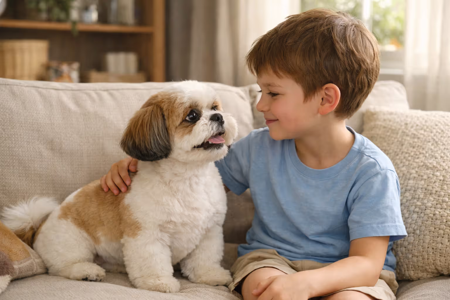 Shih Tzu sitting calmly next to a child on a couch, child gently petting the dog